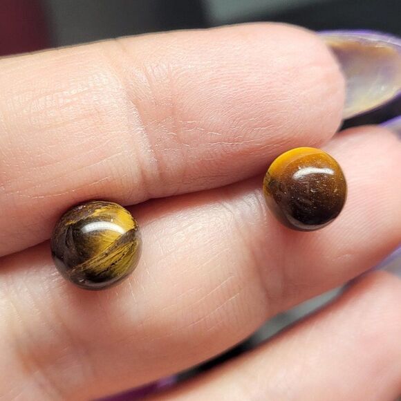 Natural Tigers Eye Gemstone Round Bead Ball Stud Earrings - Picture 1 of 6